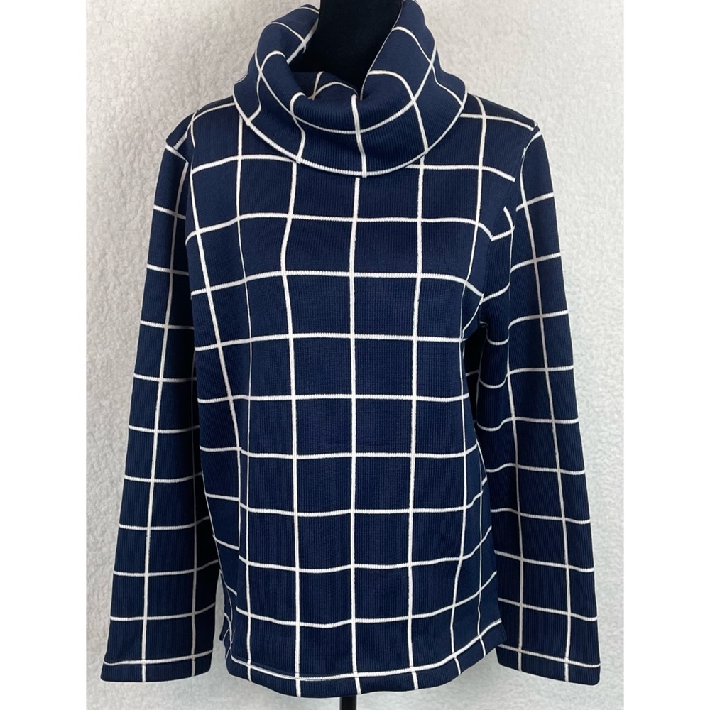 J. CREW • Blue/White Square Grid Windowpane Long Sleeve Turtleneck Sweater, L - Picture 3 of 15
